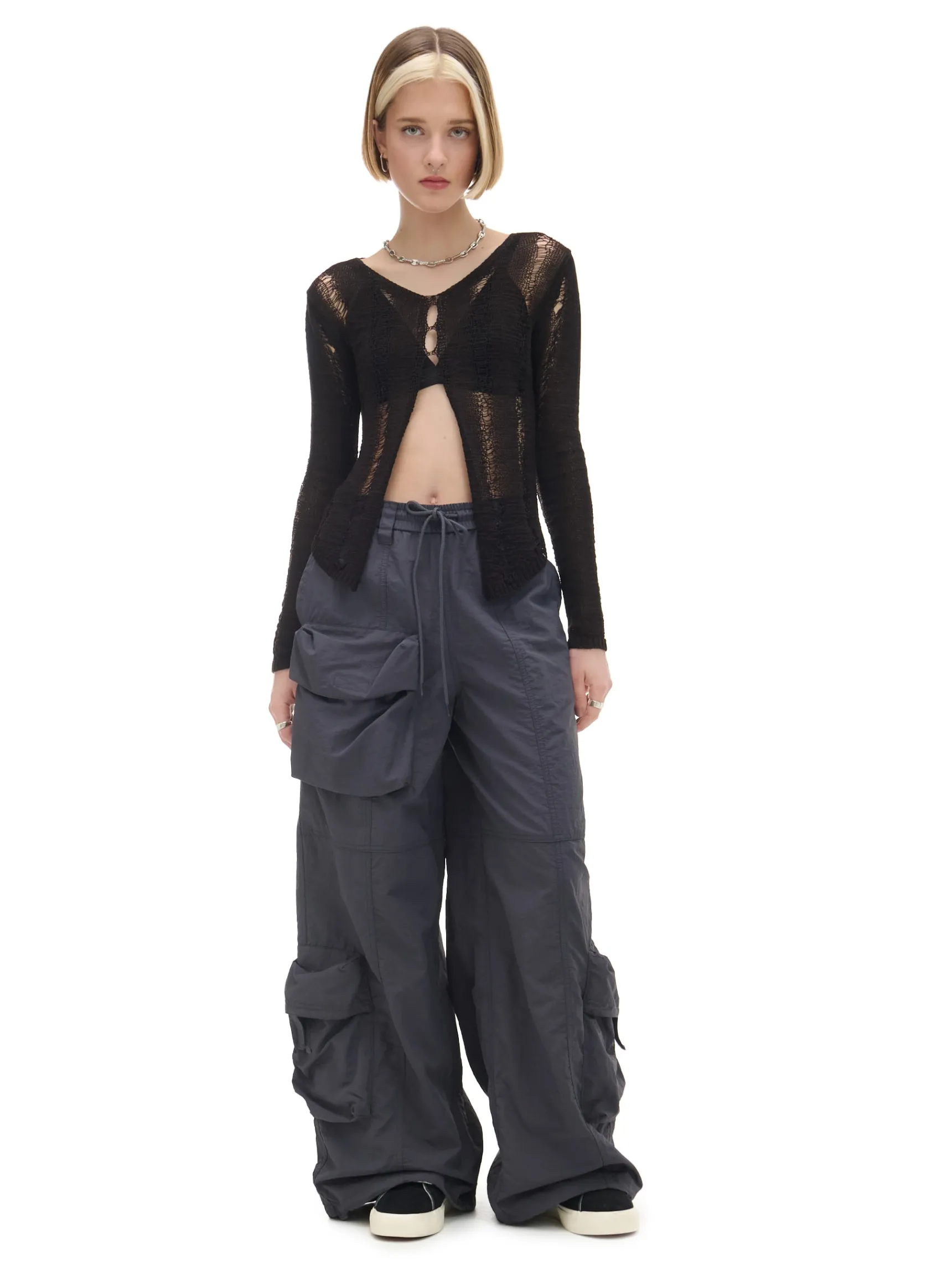 Hot Cropp Spodnie parachute z kieszeniami cargo fioletowy