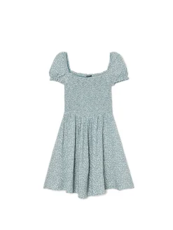 Hot Cropp Sukienka mini z bufiastymi rękawami i kwiatowym nadrukiem zielony