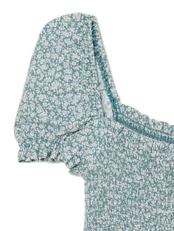 Hot Cropp Sukienka mini z bufiastymi rękawami i kwiatowym nadrukiem zielony