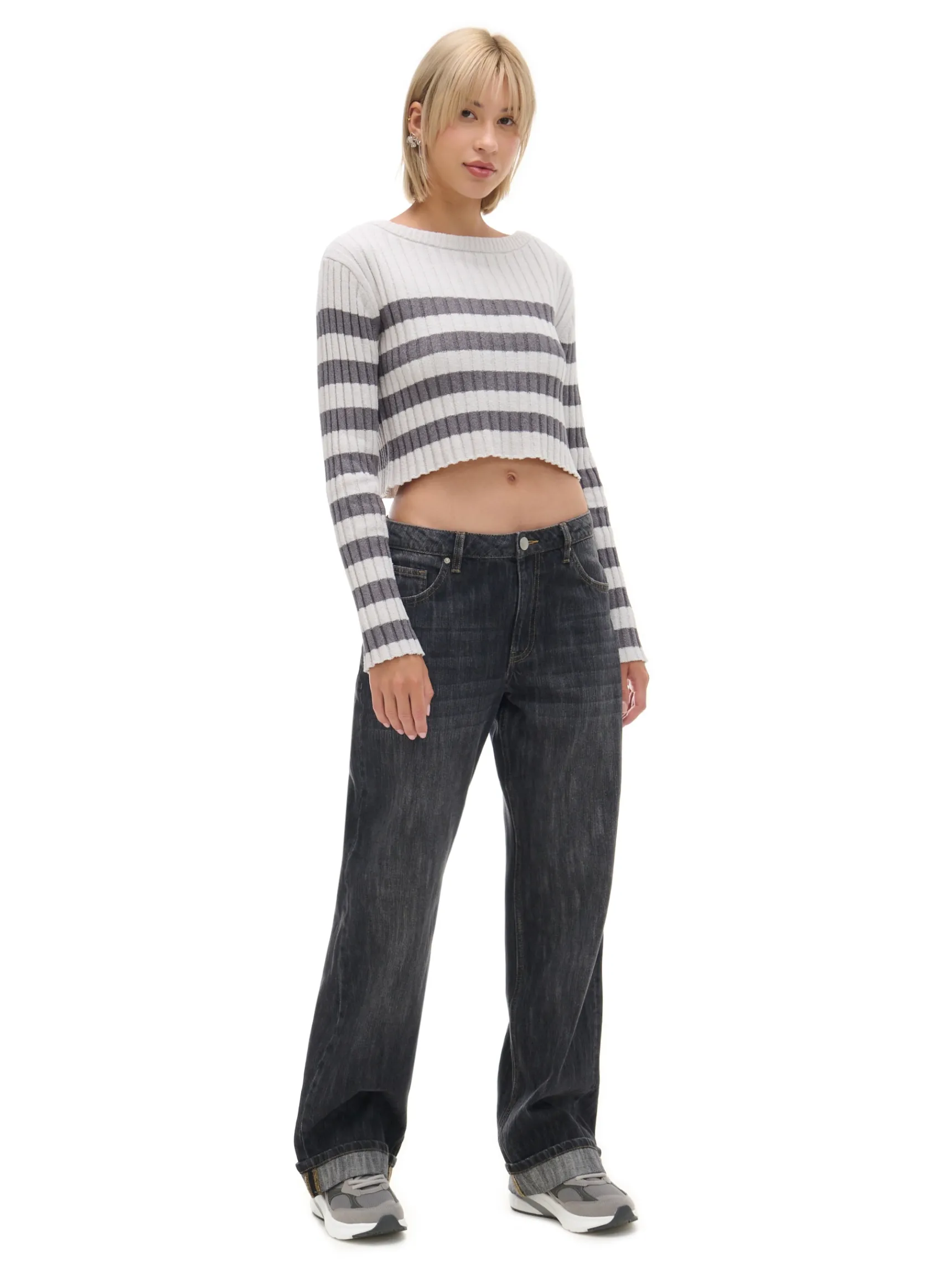 Best Cropp Sweter w poziome paski jasnyszary