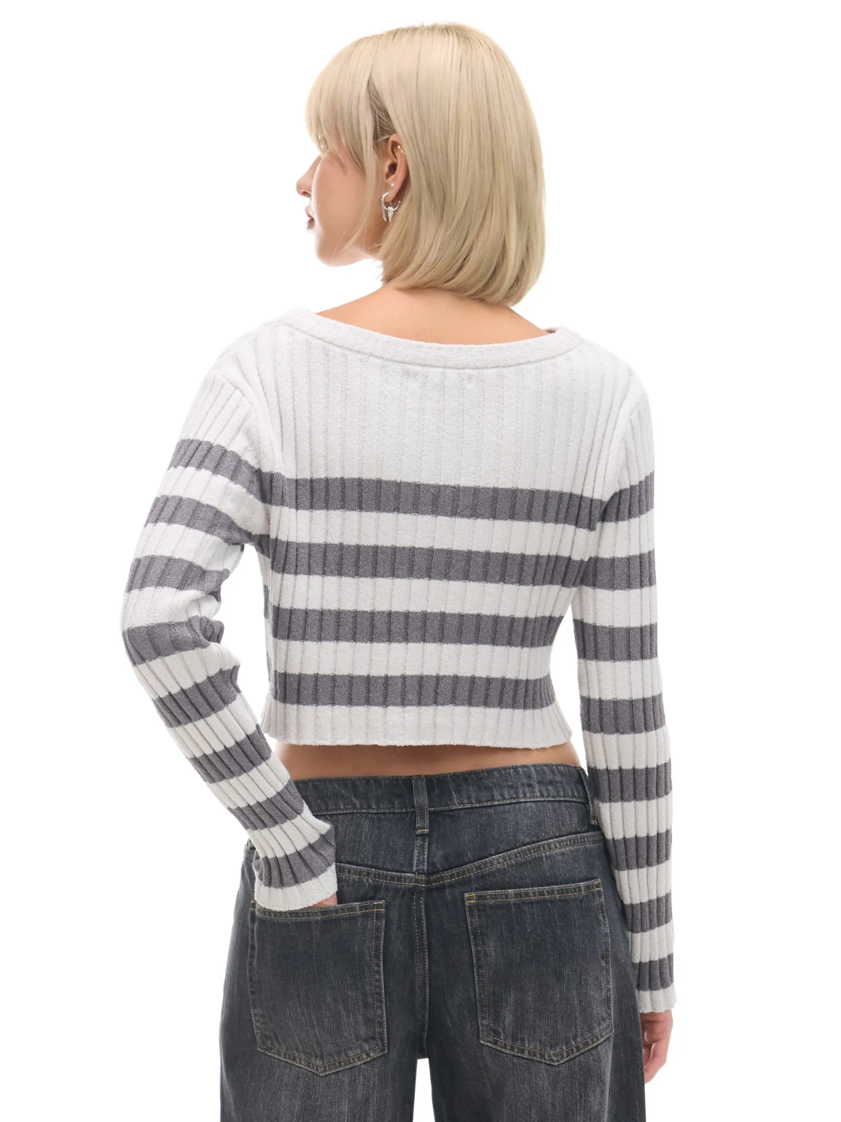 Best Cropp Sweter w poziome paski jasnyszary