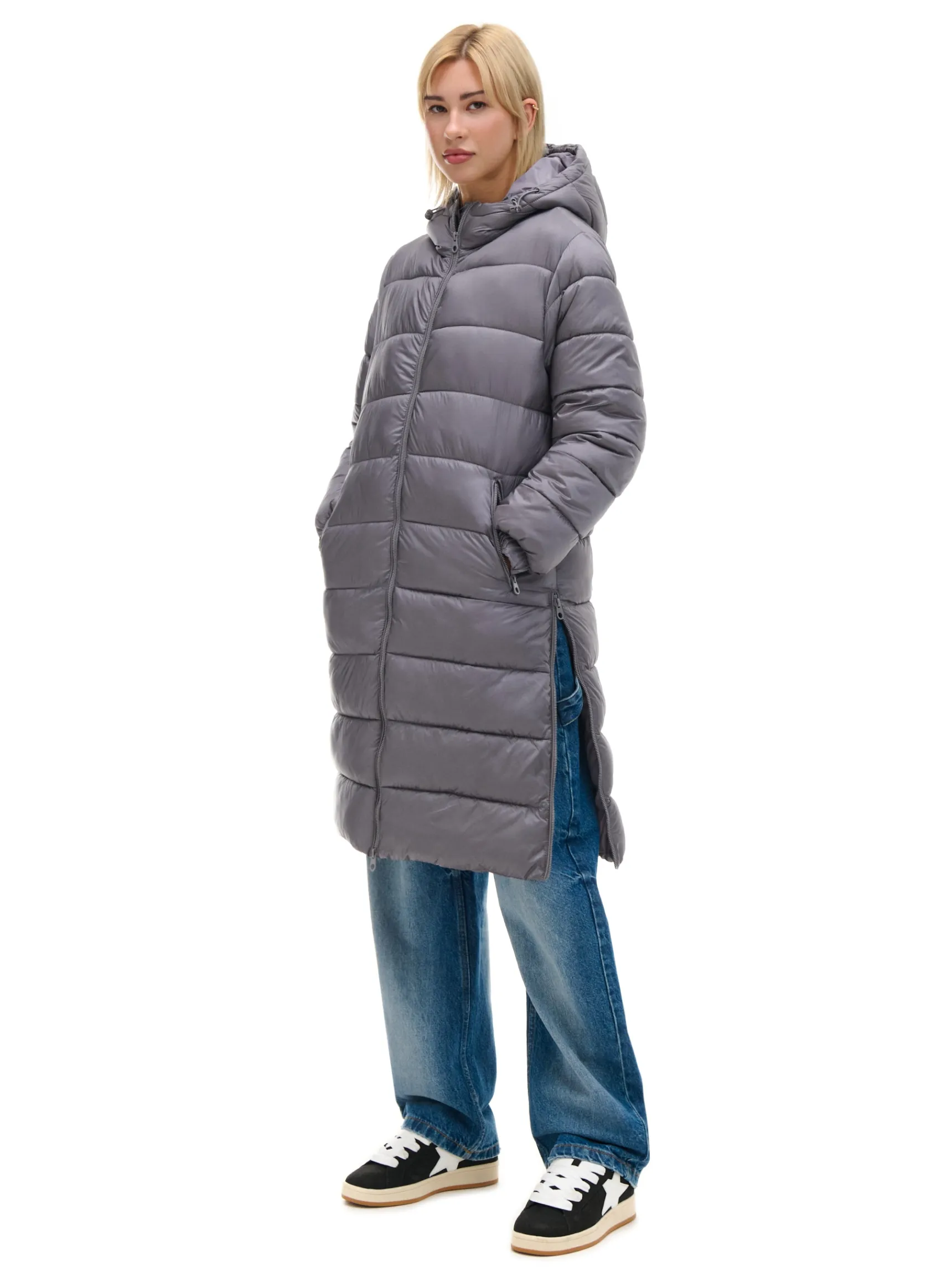 Outlet Cropp płaszcz puffer z kapturem szary