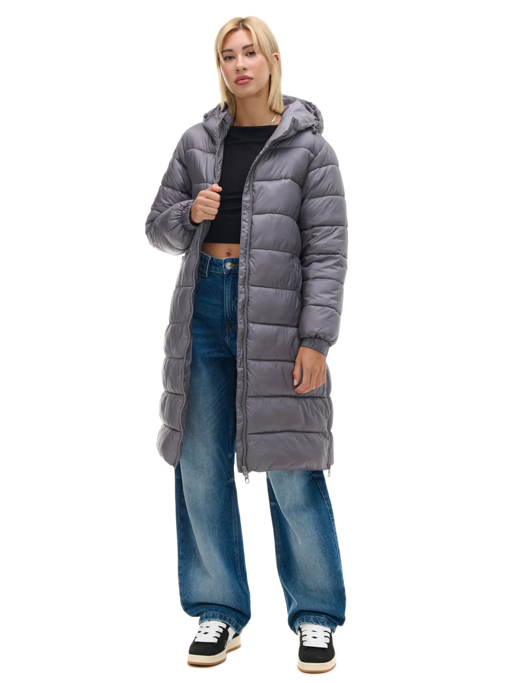 Outlet Cropp płaszcz puffer z kapturem szary