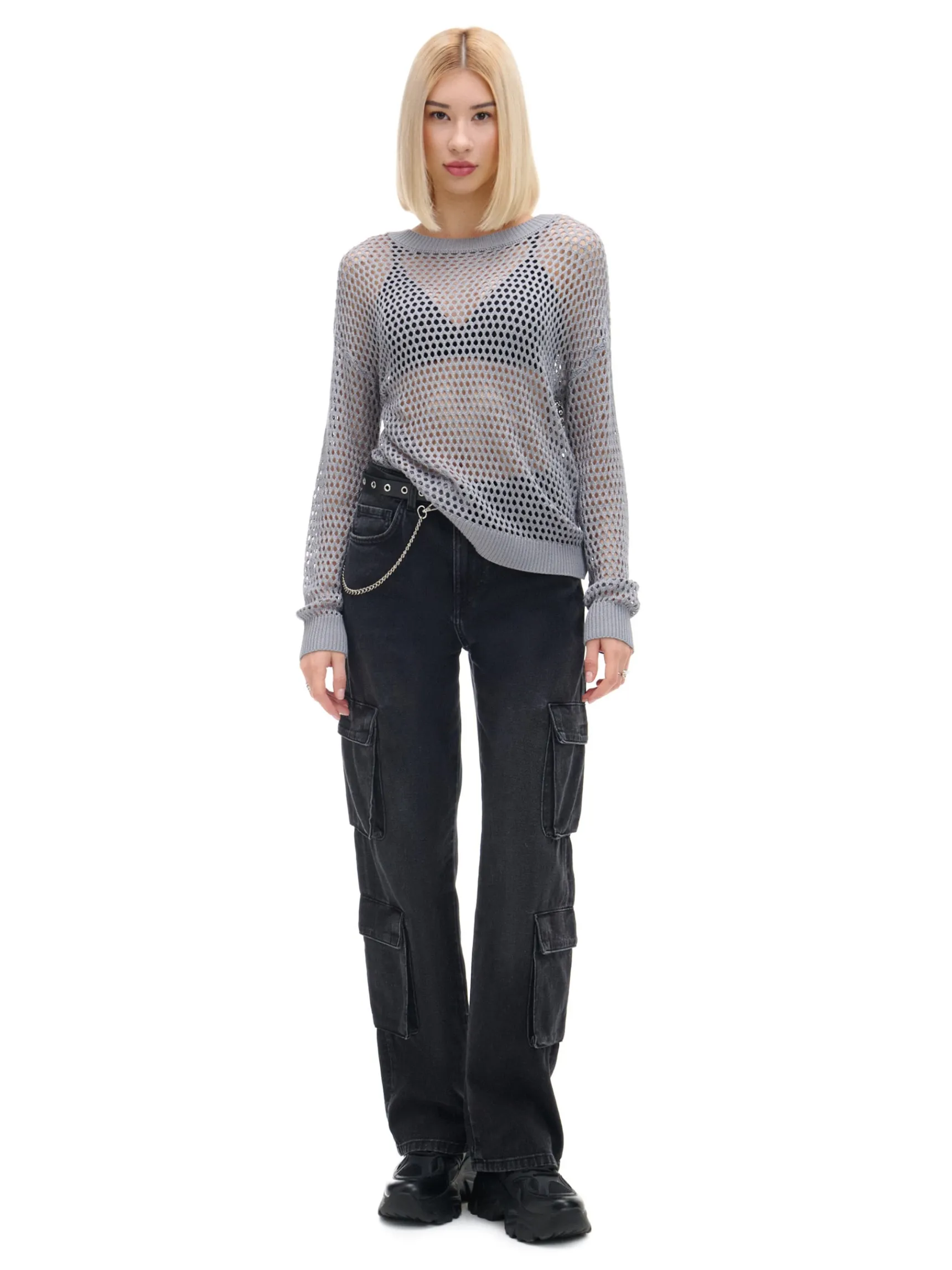 Sale Cropp siatkowy sweter szary