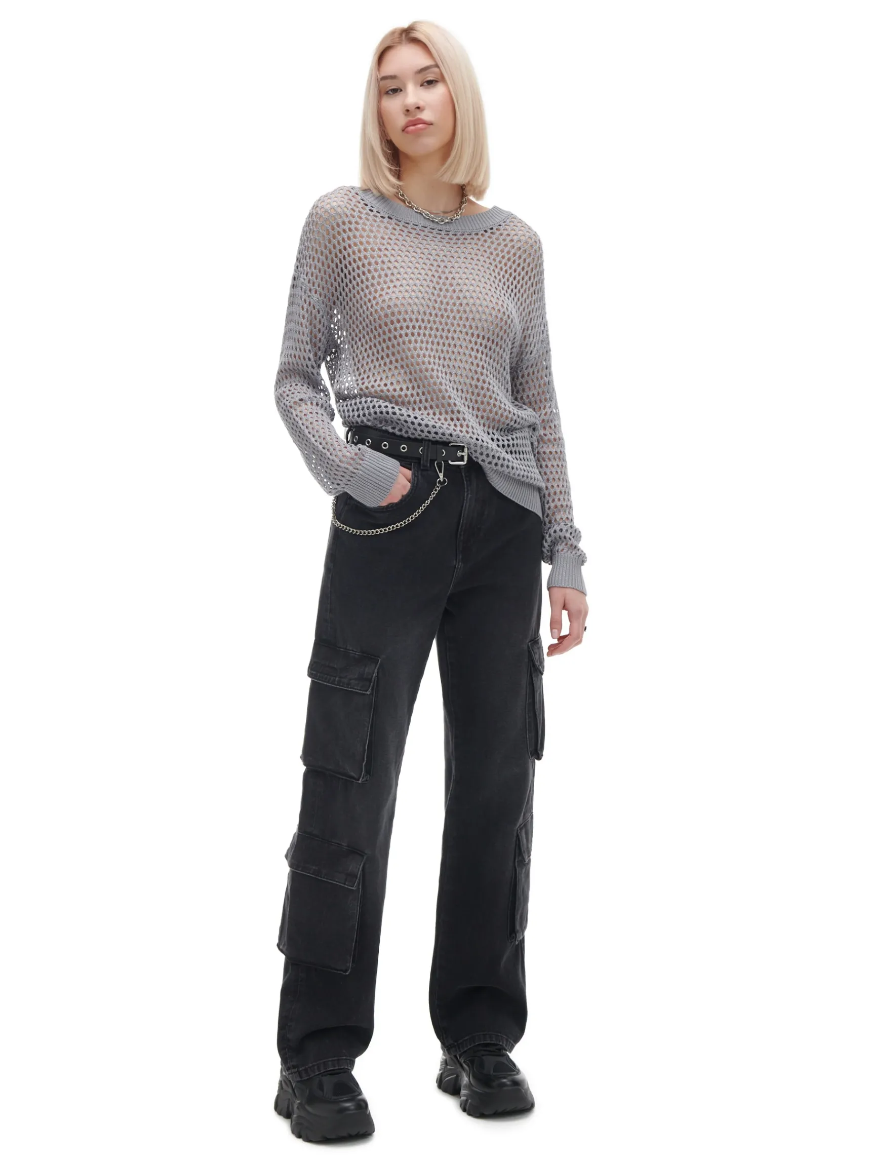 Sale Cropp siatkowy sweter szary