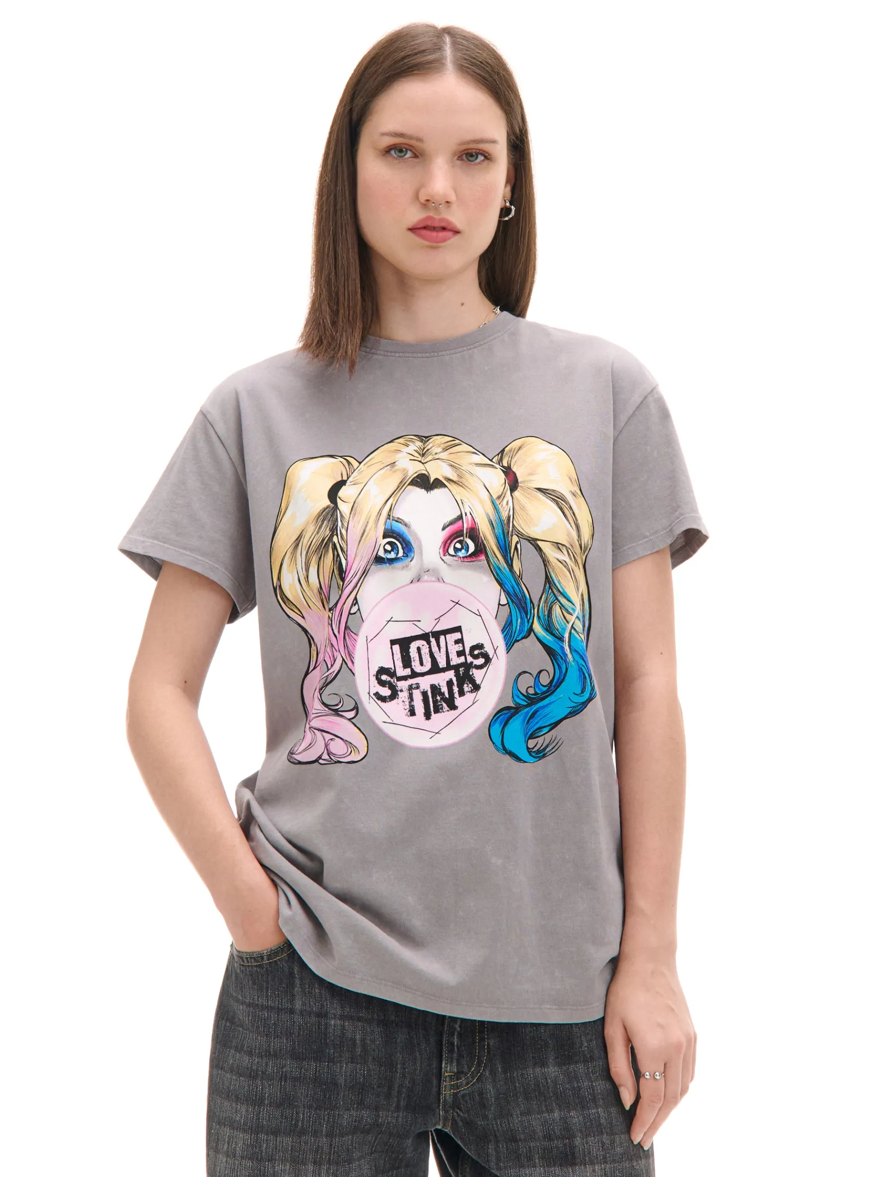 Best Cropp Szary T-shirt oversize Harley Quinn jasnyszary