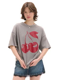 Hot Cropp T-shirt oversize z wiśniami szary