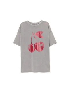 Hot Cropp T-shirt oversize z wiśniami szary