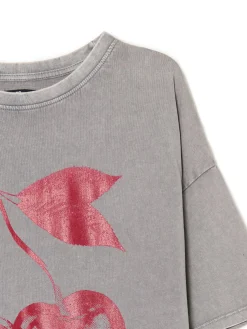 Hot Cropp T-shirt oversize z wiśniami szary