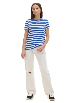 Sale Cropp T-shirt w e paski niebieski