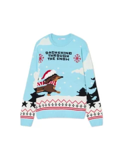 Outlet Cropp Świąteczny sweter z jamnikiem błękitny