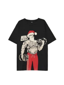 Discount Cropp Świąteczny T-shirt z Mikołajem czarny