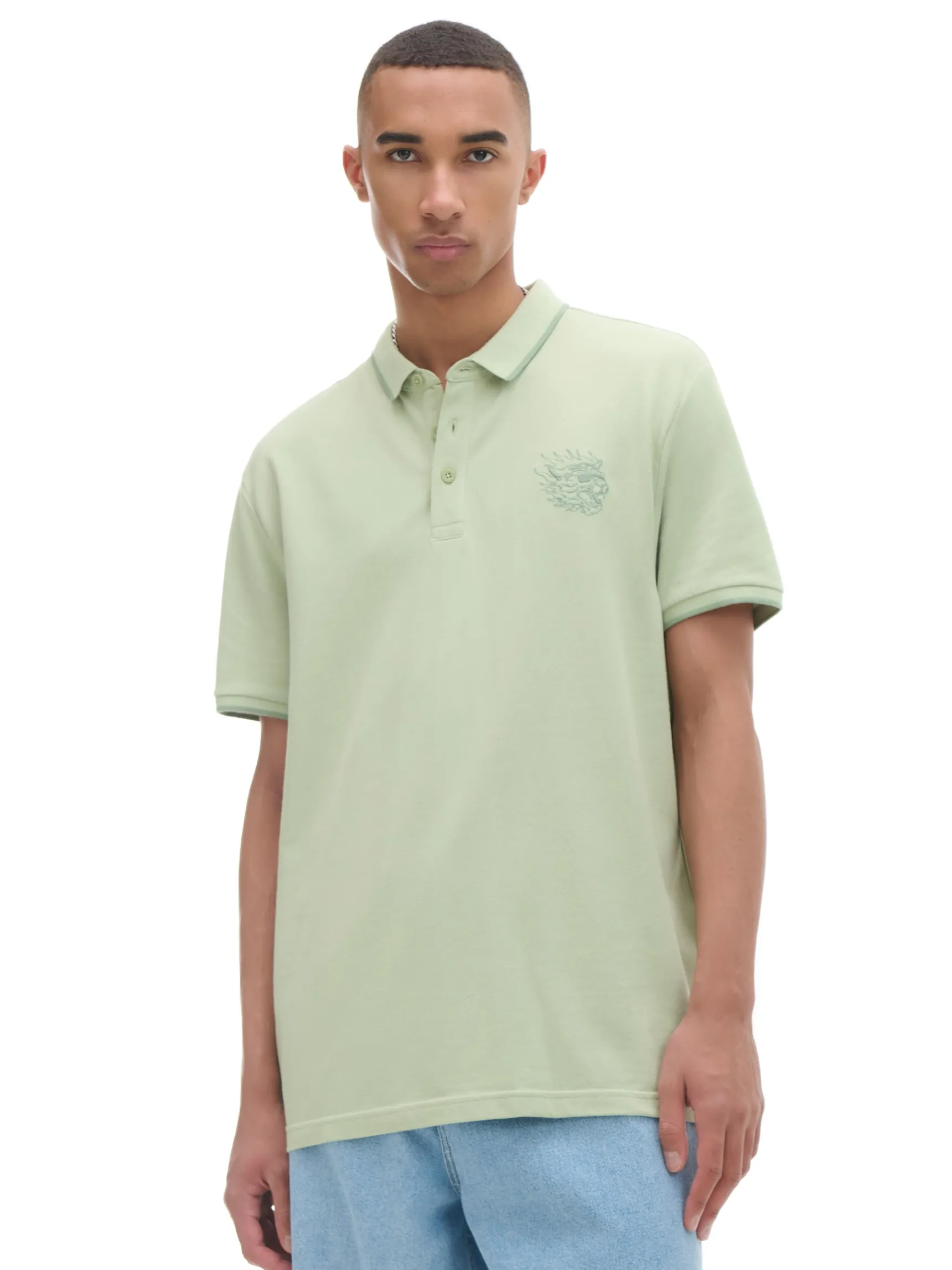 Sale Cropp Zielona koszulka polo z haftem zielony