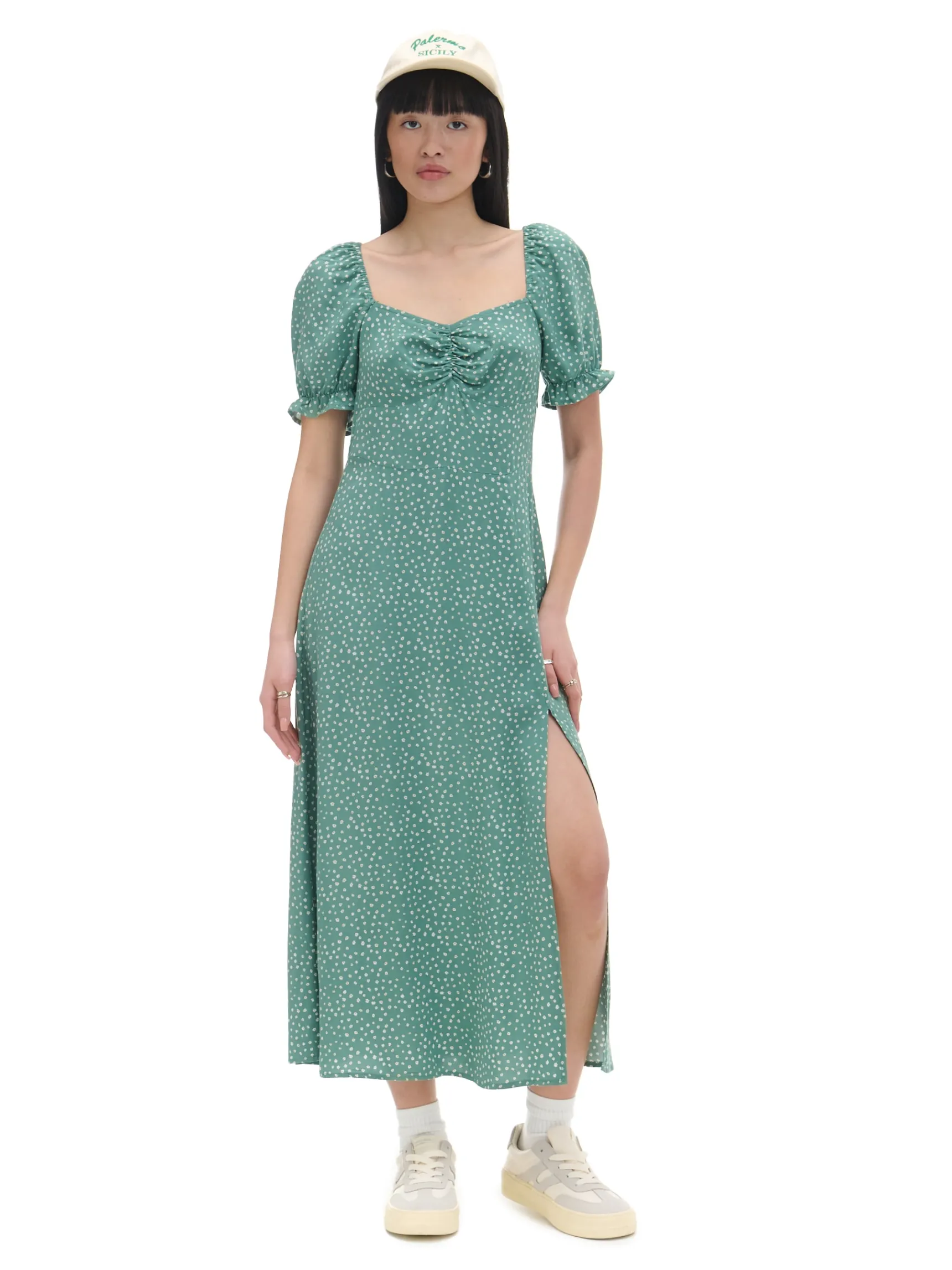 Fashion Cropp Zielona sukienka midi w stokrotki niebieski