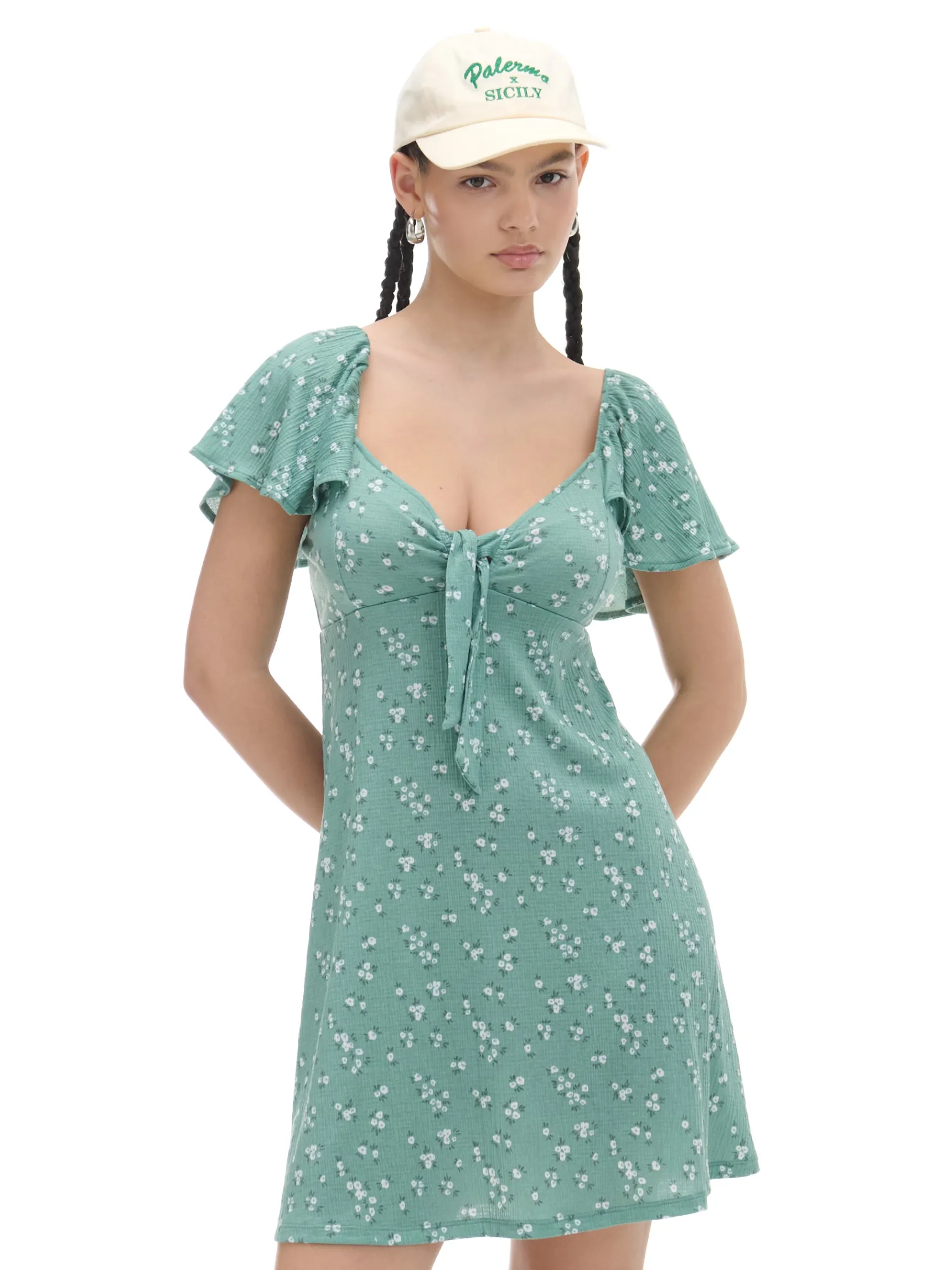 New Cropp Zielona sukienka mini w stokrotki zielony